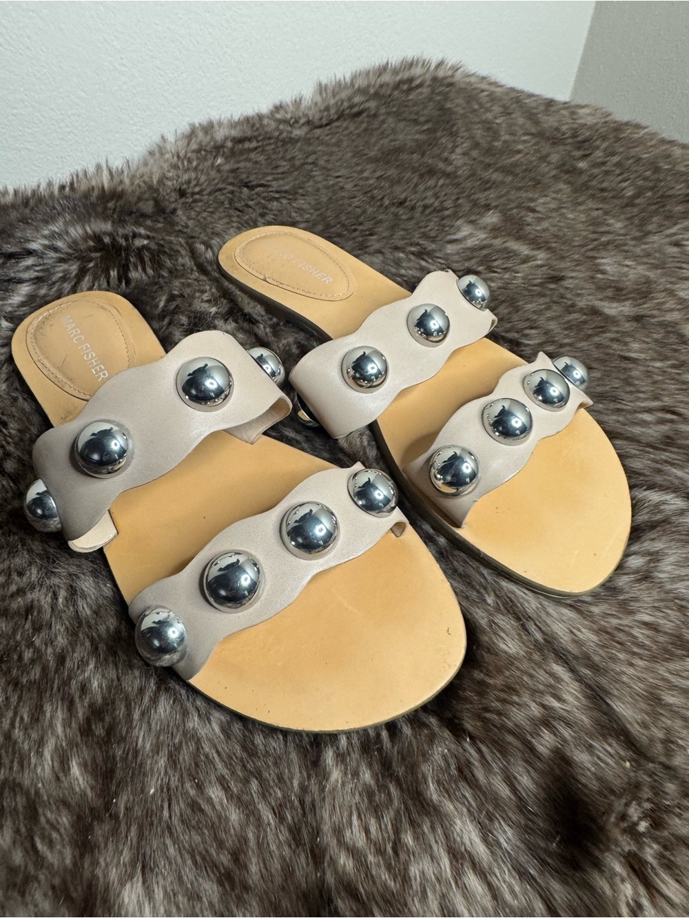 Marc Fisher Cream Leather Slide Sandals with Silver Studs